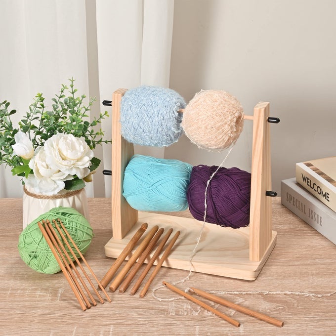 WOODEN YARN HOLDER DOUBLE REVOLVING STORAGE FOR KNITTING CROCHET SUPPLIES HORIZONTAL WOOD BALL HOLDER WITH 12 BAMBOO HOOKS