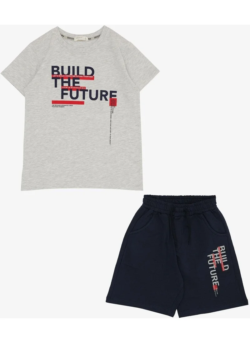 بريز Boy's Shorts Suit with Text Printed Pockets, Age 8-14, Beige Melange