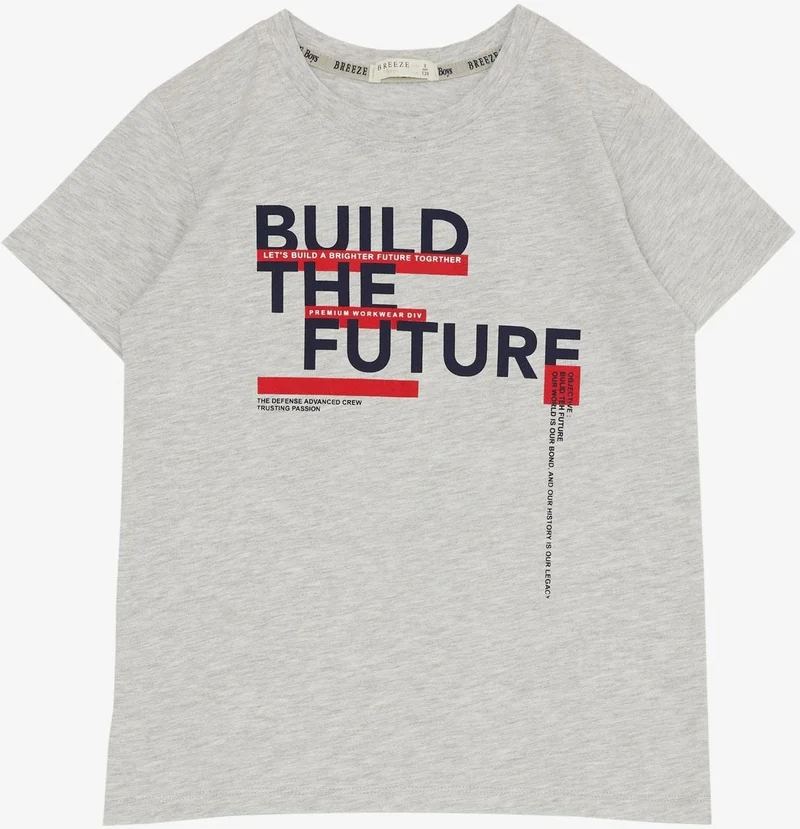 Breeze Boy's Shorts Suit with Text Printed Pockets, Age 8-14, Beige Melange