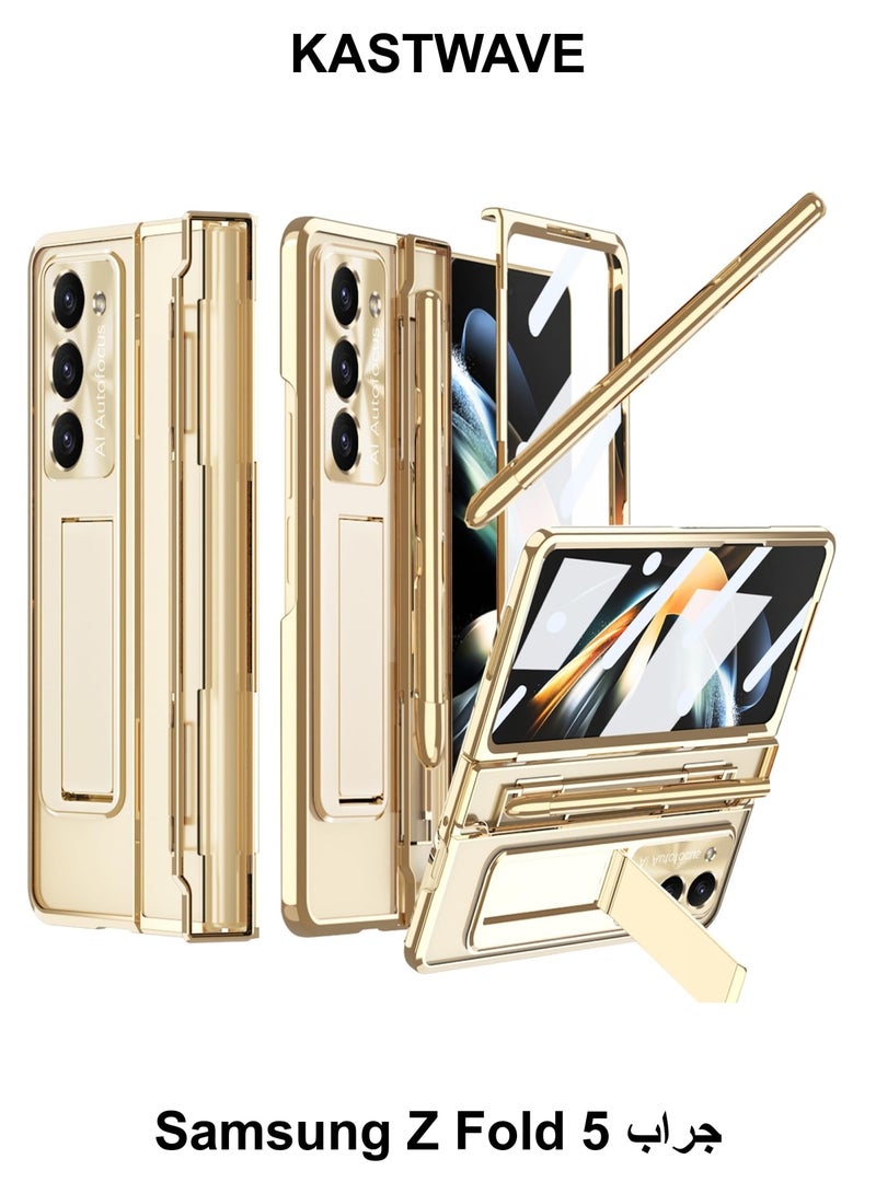 KASTWAVE Protective Case for Samsung Z Fold  Compatible with S Pen & S Pen Holder & Kickstand, Stylish Gold Case with Pen Slot for Galaxy Z Fold 5 and Galaxy Z Fold 5 5G (Gold) - Image 1