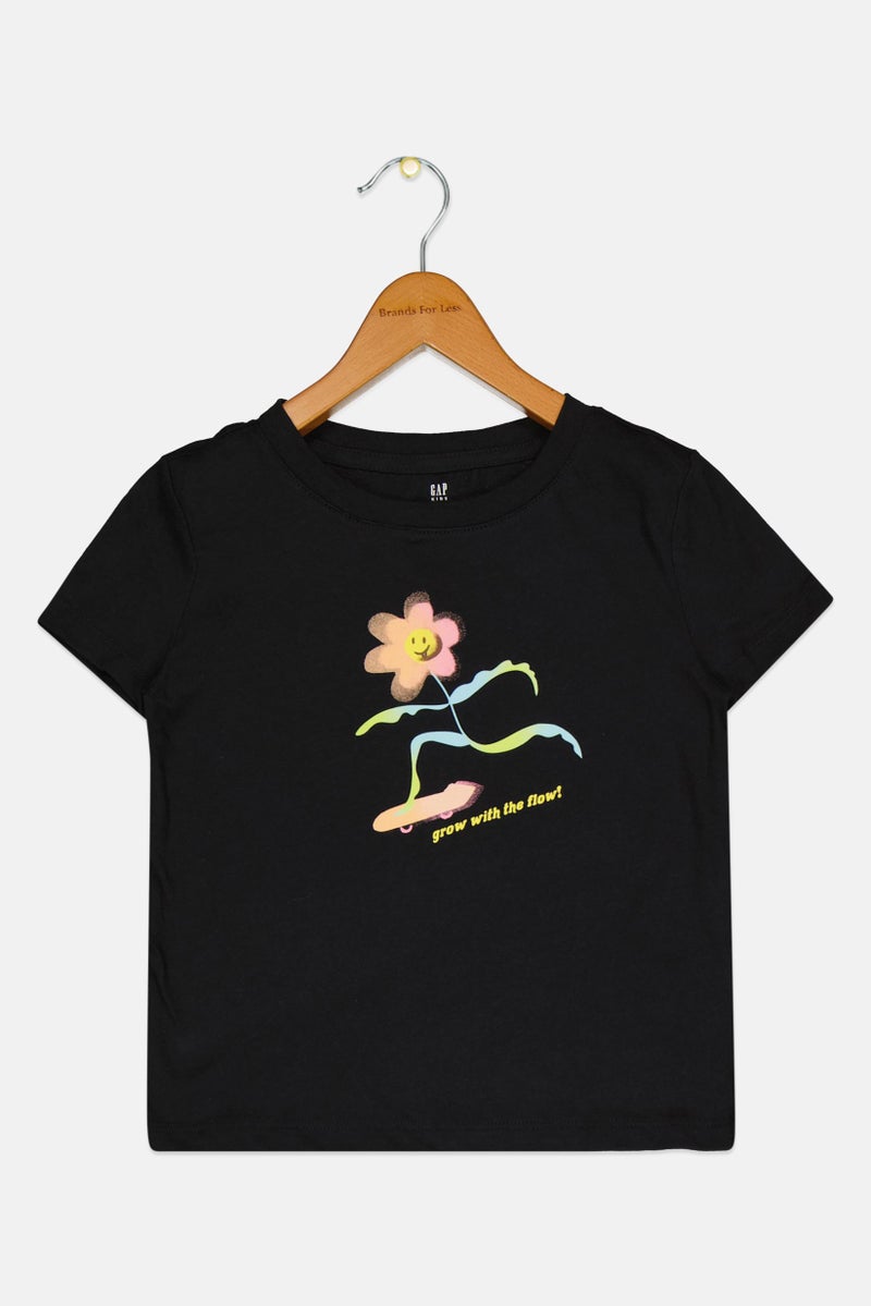 GAP Kids Girl Round Neck Short Sleeve Floral Print T-Shirt, Black - Image 1