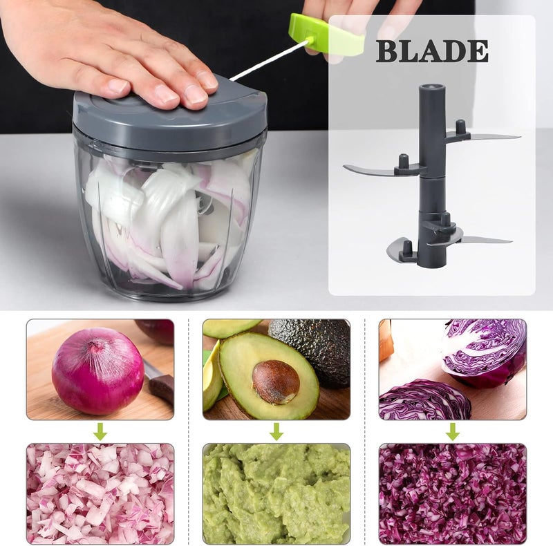 Cambom Manual Food Chopper Vegetable Cutter, Hand String Vegetable Chopper Onions Cutter for Vegetable Fruits Nuts BPA Free Food Safe Material, 900ml Grey - Image 3