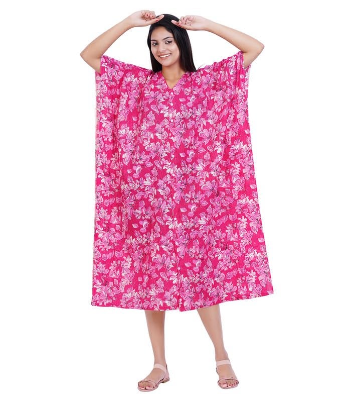 MENMAII Women's Full Open| Front Buttoned Multipurpose Kaftans for Pregnancy/Elderly/Patient/Feeding Purposes|Calf Length[Dark Pink Kantha Prints] - Image 1