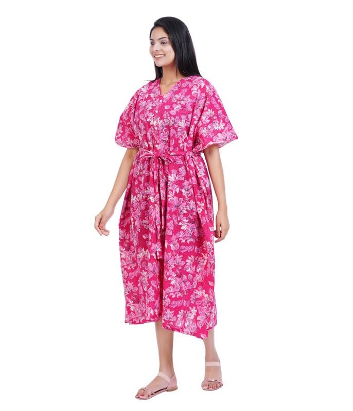 MENMAII Women's Full Open| Front Buttoned Multipurpose Kaftans for Pregnancy/Elderly/Patient/Feeding Purposes|Calf Length[Dark Pink Kantha Prints] - Image 4