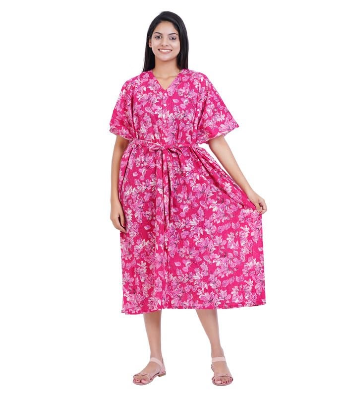 MENMAII Women's Full Open| Front Buttoned Multipurpose Kaftans for Pregnancy/Elderly/Patient/Feeding Purposes|Calf Length[Dark Pink Kantha Prints] - Image 2
