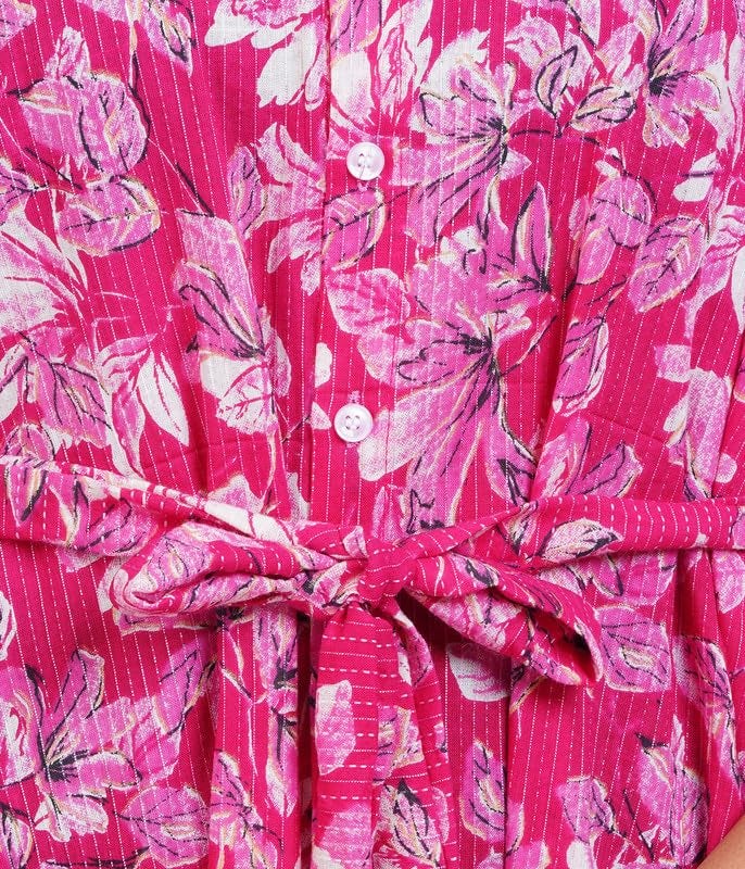 MENMAII Women's Full Open| Front Buttoned Multipurpose Kaftans for Pregnancy/Elderly/Patient/Feeding Purposes|Calf Length[Dark Pink Kantha Prints] - Image 5