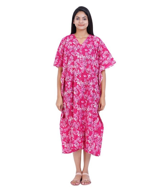 MENMAII Women's Full Open| Front Buttoned Multipurpose Kaftans for Pregnancy/Elderly/Patient/Feeding Purposes|Calf Length[Dark Pink Kantha Prints] - Image 3
