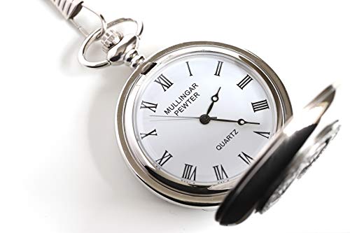Biddy Murphy Shamrock Pocket Watch Made in Ireland Shamrock Pewter Medallion Stainless Steel Case with Chain, Made in Ireland - Image 4