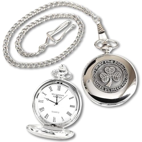 Biddy Murphy Shamrock Pocket Watch Made in Ireland Shamrock Pewter Medallion Stainless Steel Case with Chain, Made in Ireland - Image 5