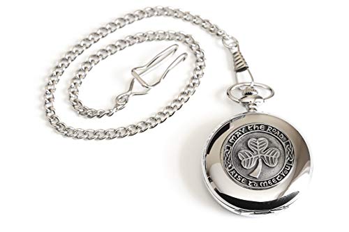 Biddy Murphy Shamrock Pocket Watch Made in Ireland Shamrock Pewter Medallion Stainless Steel Case with Chain, Made in Ireland - Image 1