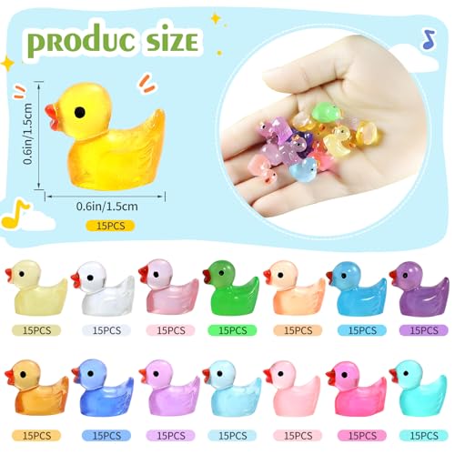 GliSun 225 Pieces Luminous Mini Resin Ducks Glow in The Dark Bulk Tiny Duck for Garden Micro Landscape Ornament Dollhouse Prank Christmas Birthday Party DIY Decoration Craft(15 Colors) - Image 2