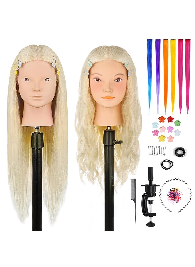 Beauty Star Mannequin Head with 70 Real Human Hair Beauty Star 26 Blonde Hair Cosmetology Training Practice Hair Styles Doll Head with Stand and Braiding Tool Set 