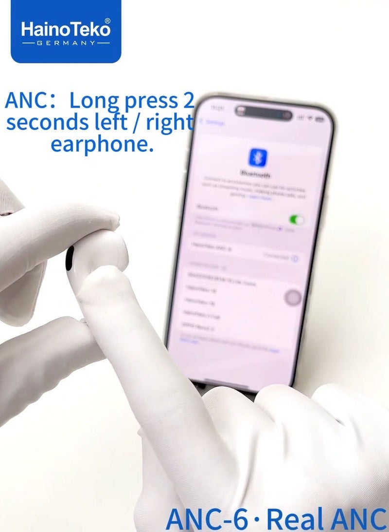Haino Teko HainoTeko ANC-6 Bluetooth Earphones – Hi-Res Wireless Audio with Advanced Active Noise Cancellation – Smart Touch Controls for Easy Music & Call Management – Built-in Microphone – Long Battery Life – Seamless Compatibility with iPhones and Bluetooth Devices – Sleek Black Design - Image 5
