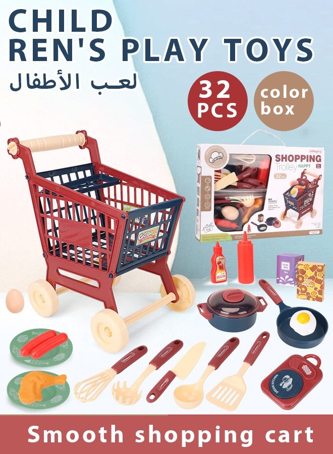 32Pcs Kids Kitchen Playset, Kitchen Pretend Play Toys Kids Shopping Cart Trolley Playset Role Play Educational Toy Mini Kitchen Accessories with Light & Sound for Girls Boys - Image 1