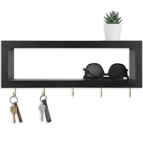 Lwenki Wall Shelf with Hooks - Decorative Key and Wallet Holder for Wall Holds Sunglasses, Leashes, Scarves and Lanyards - 15.7" x 5.1" x 2.9" Entryway Organizer Made of Paulownia Wood (Black) - Image 1