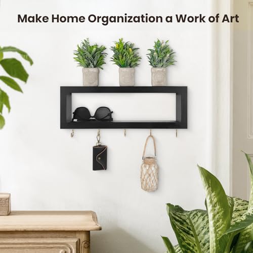Lwenki Wall Shelf with Hooks - Decorative Key and Wallet Holder for Wall Holds Sunglasses, Leashes, Scarves and Lanyards - 15.7" x 5.1" x 2.9" Entryway Organizer Made of Paulownia Wood (Black) - Image 5