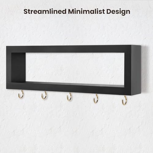 Lwenki Wall Shelf with Hooks - Decorative Key and Wallet Holder for Wall Holds Sunglasses, Leashes, Scarves and Lanyards - 15.7" x 5.1" x 2.9" Entryway Organizer Made of Paulownia Wood (Black) - Image 2