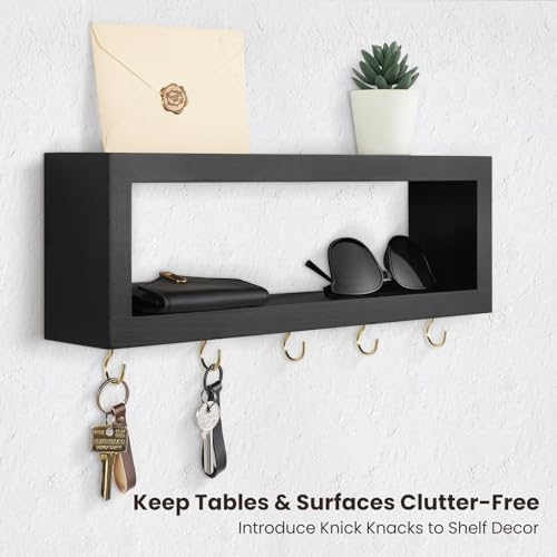 Lwenki Wall Shelf with Hooks - Decorative Key and Wallet Holder for Wall Holds Sunglasses, Leashes, Scarves and Lanyards - 15.7" x 5.1" x 2.9" Entryway Organizer Made of Paulownia Wood (Black) - Image 4