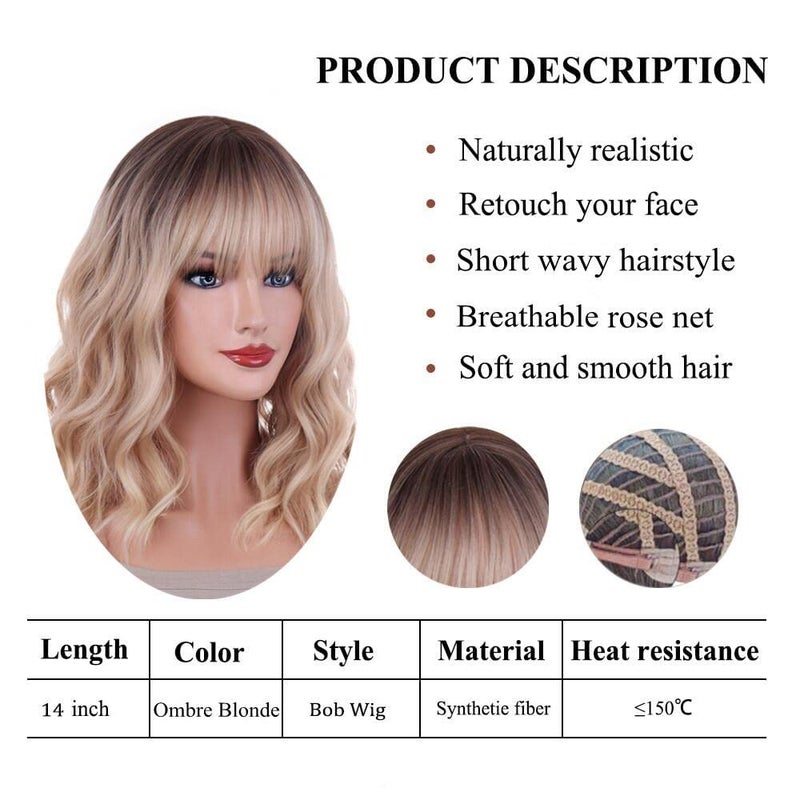 ANESHE 14 Inches Blonde Wig for Women Girls Ash Blonde Wig Short Curly Wig Synthetic Wig with Bangs Ombre Blonde Wig for Daily Cosplay Party - Image 4