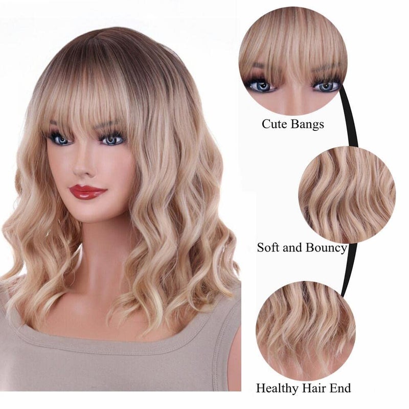 ANESHE 14 Inches Blonde Wig for Women Girls Ash Blonde Wig Short Curly Wig Synthetic Wig with Bangs Ombre Blonde Wig for Daily Cosplay Party - Image 2