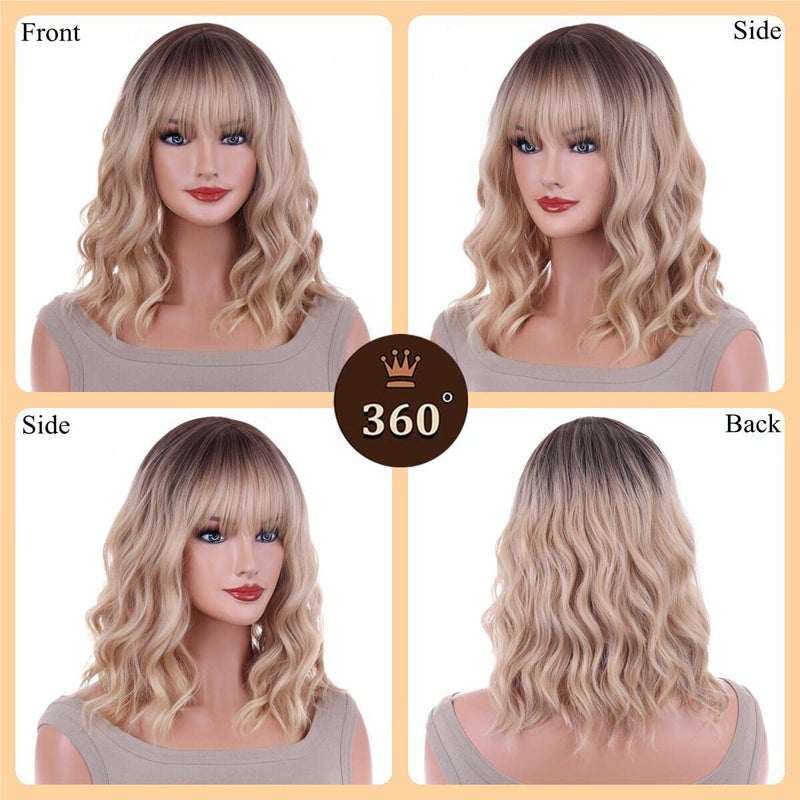 ANESHE 14 Inches Blonde Wig for Women Girls Ash Blonde Wig Short Curly Wig Synthetic Wig with Bangs Ombre Blonde Wig for Daily Cosplay Party - Image 3