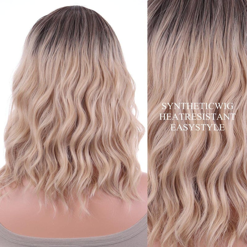 ANESHE 14 Inches Blonde Wig for Women Girls Ash Blonde Wig Short Curly Wig Synthetic Wig with Bangs Ombre Blonde Wig for Daily Cosplay Party - Image 5