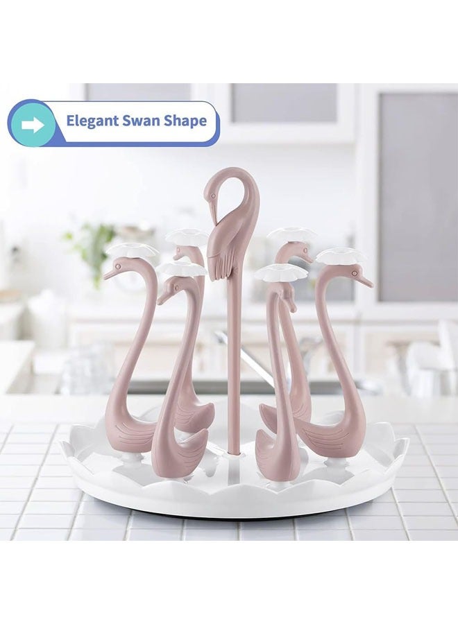 Mug Holder, Coffee Cup Holder, Rotatable Plastic Mug Rack, Coffee Mug Organizer Holder for Counter Stand, Swan Shaped Cups Display Rack with 6 Holders, Elegant Counter Home Accessory (Pink) - Image 2