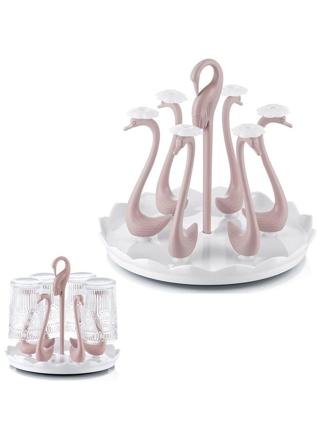 Mug Holder, Coffee Cup Holder, Rotatable Plastic Mug Rack, Coffee Mug Organizer Holder for Counter Stand, Swan Shaped Cups Display Rack with 6 Holders, Elegant Counter Home Accessory (Pink) - Image 1