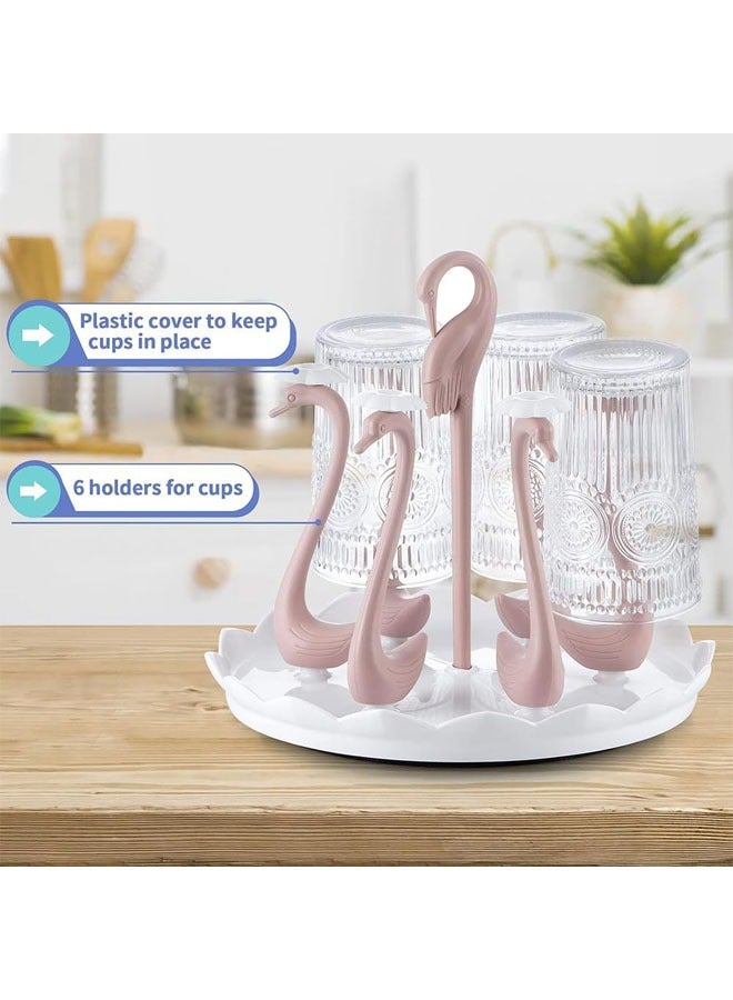 Mug Holder, Coffee Cup Holder, Rotatable Plastic Mug Rack, Coffee Mug Organizer Holder for Counter Stand, Swan Shaped Cups Display Rack with 6 Holders, Elegant Counter Home Accessory (Pink) - Image 3