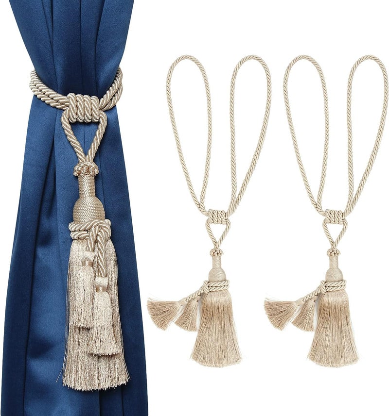 MALOINTEX 2 Pack Curtain Dual Tassel Tiebacks Tie-Backs, Handmade Rope Tiebacks Holdbacks, Polyester Curtain Tieback - Beige - Image 1