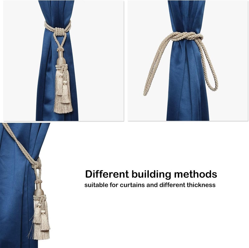 MALOINTEX 2 Pack Curtain Dual Tassel Tiebacks Tie-Backs, Handmade Rope Tiebacks Holdbacks, Polyester Curtain Tieback - Beige - Image 4