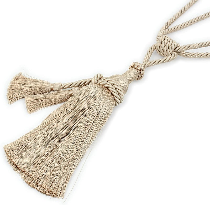 MALOINTEX 2 Pack Curtain Dual Tassel Tiebacks Tie-Backs, Handmade Rope Tiebacks Holdbacks, Polyester Curtain Tieback - Beige - Image 3