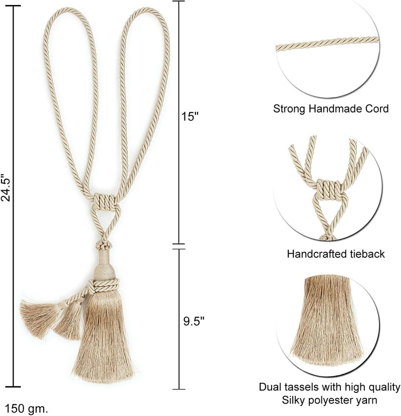 MALOINTEX 2 Pack Curtain Dual Tassel Tiebacks Tie-Backs, Handmade Rope Tiebacks Holdbacks, Polyester Curtain Tieback - Beige - Image 2