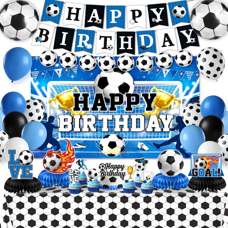 REDWORD Soccer Birthday Party Decorations, 44Pcs Soccer Party Decorations with Happy Birthday Backdrop Tablecloth Foil & Latex Balloons and Cake Toppers Honeycomb Centerpieces for Boysâ€™ Sports Party Supplies - Image 1