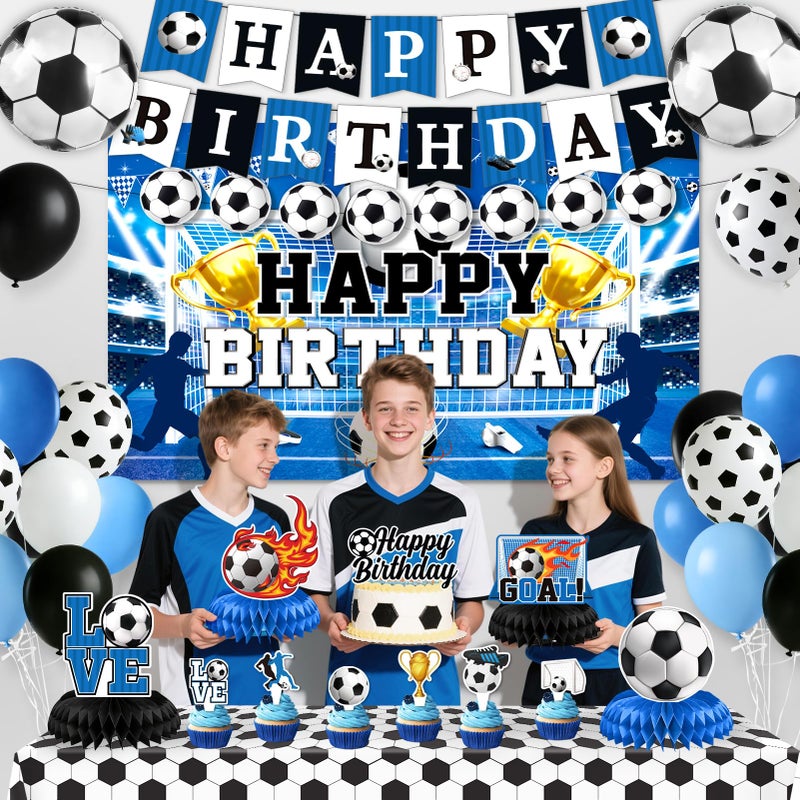 REDWORD Soccer Birthday Party Decorations, 44Pcs Soccer Party Decorations with Happy Birthday Backdrop Tablecloth Foil & Latex Balloons and Cake Toppers Honeycomb Centerpieces for Boysâ€™ Sports Party Supplies - Image 5