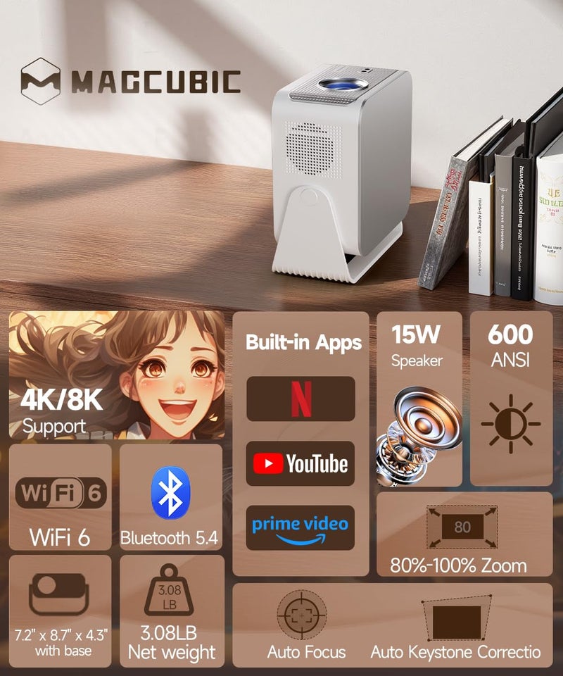 MAGCUBIC جهاز عرض ذكي مع دعم 4K و 8K، جهاز عرض صغير مع Wifi6 و Bluetooth5.4، 600 ANSI، تركيز تلقائي وتجنب العقبات 1080P جهاز عرض محمول للأفلام في الهواء الطلق، Magcubic HY350Max - Image 2