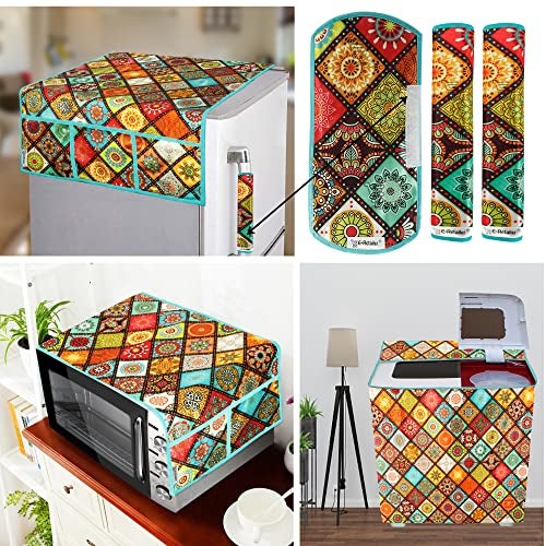 E-Retailer® Exclusive 3-Layered Polyester Combo Set of Appliances Cover (1 Pc. Fridge Top Cover, 3 Pc. Handle Cover, 1 Pc. of Microwave Oven Top Cover and 1 Pc. Semi Automatic Washing Machine Cover) (Color-Multi, Design-Printed, Set Contains-6 Pcs.) - Image 1