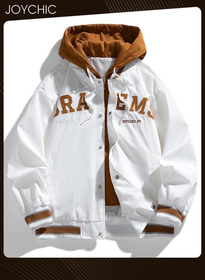NIBEMINENT Trendy Autumn and Winter Fake Two-piece Men's Outwear Casual Cotton Baseball Jackets Youth Fashion Warm Windproof Coat with Cap White+Orange  - Image 1