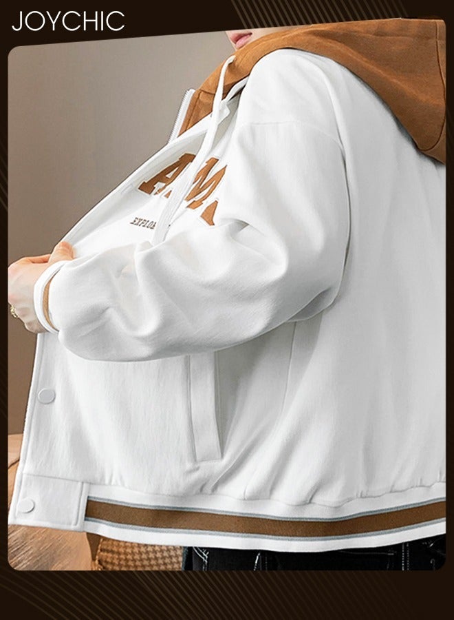 NIBEMINENT Trendy Autumn and Winter Fake Two-piece Men's Outwear Casual Cotton Baseball Jackets Youth Fashion Warm Windproof Coat with Cap White+Orange  - Image 4