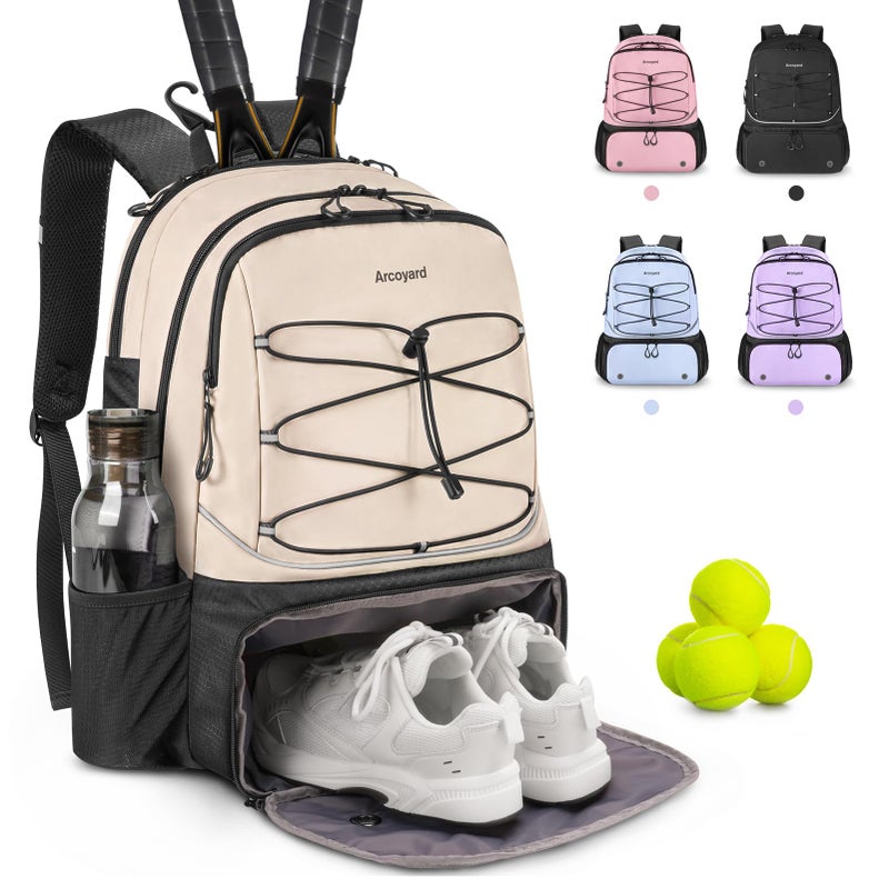 Arcoyard Tennis Bag Large Tennis Bags For Women Tennis Backpack with Ventilated Shoe Compartment and Insulated Pocket Hold 2 Tennis Pickleball Rackets Tennis Pickleball Balls and More Beige - Image 2