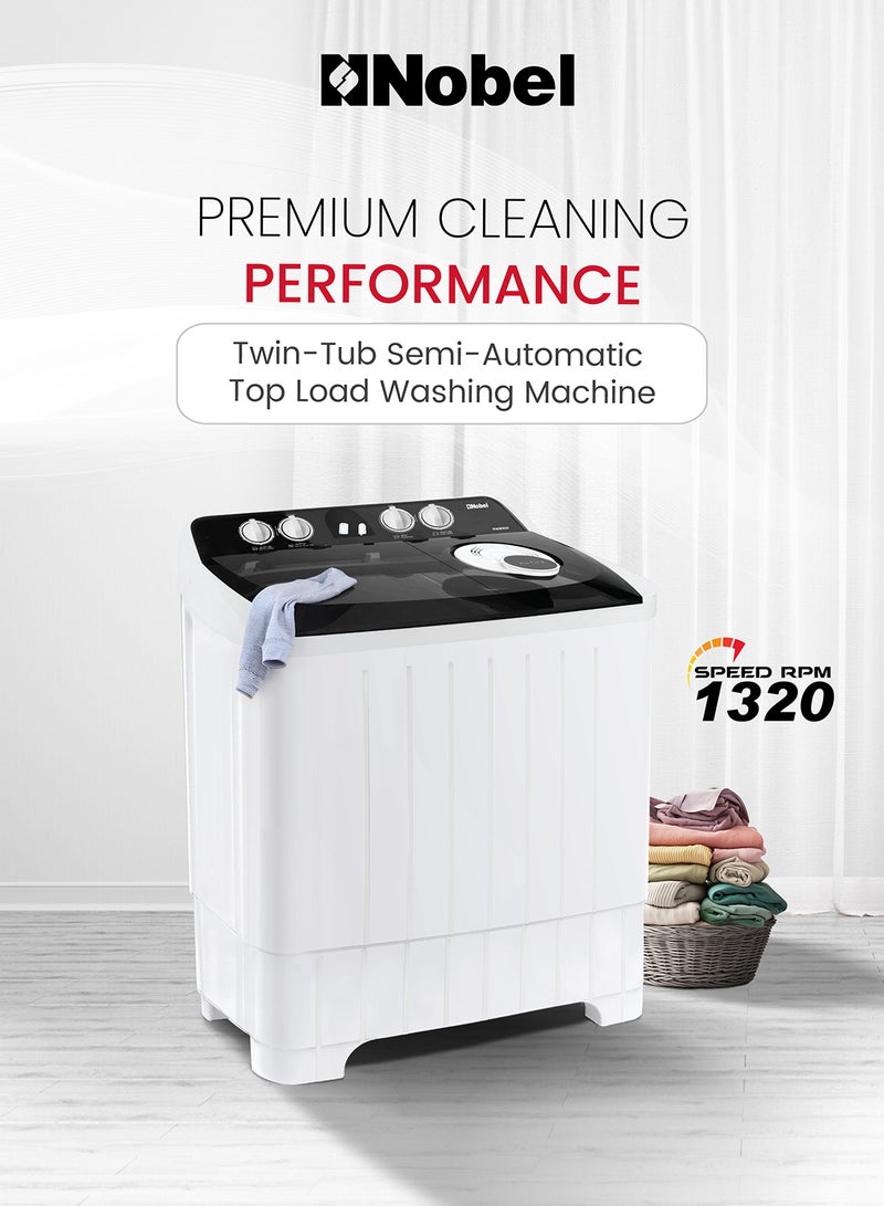 Nobel 7.0Kg Wash /5.5Kg Spin Capacity Efficient Semi-Automatic Twin Tub Washer, 2 Wash Programs, 1320 RPM 530 W NWM800 White - Image 2