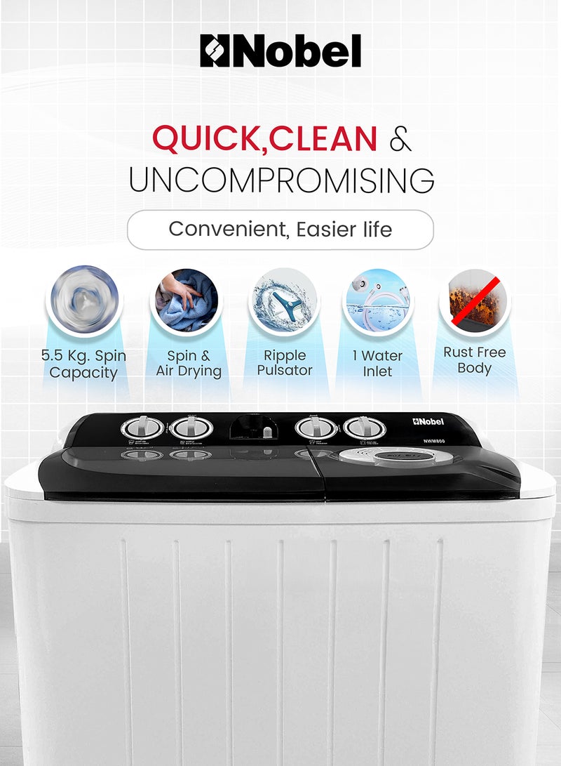Nobel 7.0Kg Wash /5.5Kg Spin Capacity Efficient Semi-Automatic Twin Tub Washer, 2 Wash Programs, 1320 RPM 530 W NWM800 White - Image 4