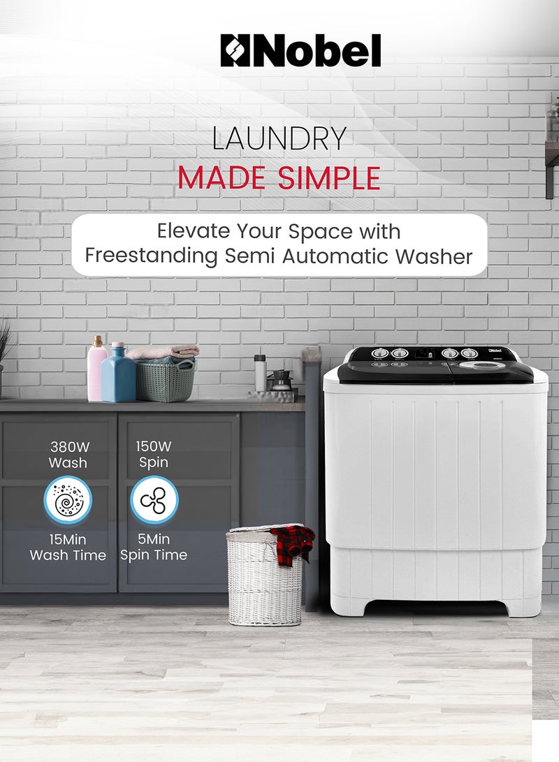 Nobel 7.0Kg Wash /5.5Kg Spin Capacity Efficient Semi-Automatic Twin Tub Washer, 2 Wash Programs, 1320 RPM 530 W NWM800 White - Image 5