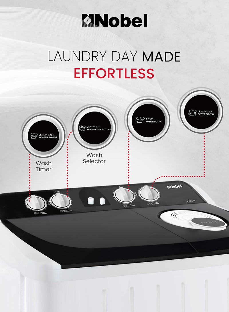 Nobel 7.0Kg Wash /5.5Kg Spin Capacity Efficient Semi-Automatic Twin Tub Washer, 2 Wash Programs, 1320 RPM 530 W NWM800 White - Image 3