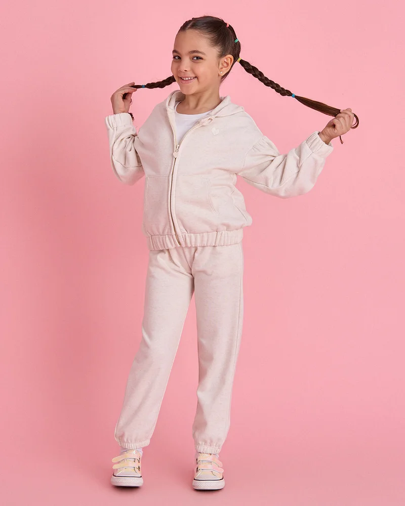 Redtag Girls Ivory Terry Zip Through Hooded Sweatshirt