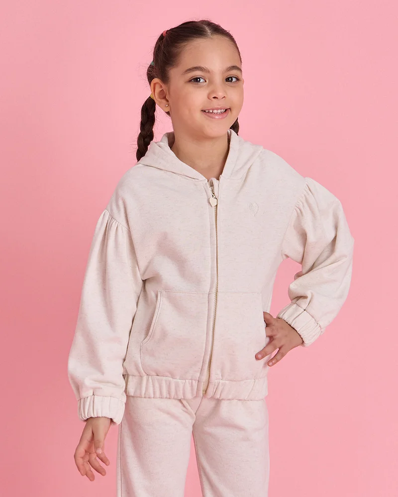 Redtag Girls Ivory Terry Zip Through Hooded Sweatshirt