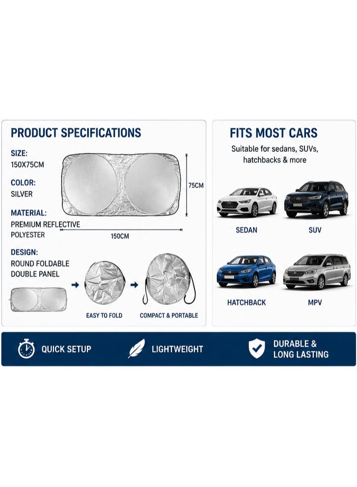 SolidX Car Windshield Sunshade 150x75cm Round– Foldable Nylon Auto Sun Screen with UV Protection & Heat Reduction for Front Windshield - Image 2