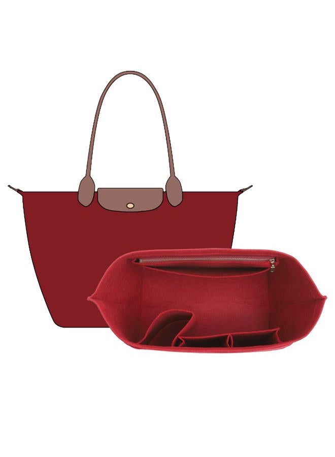 OAikor Purse Organizer Insert Compatible with Longchamp Le Pliage Large and More, Felt Zipper Long Champ Bag Organizer Insert with Cup Holder, 8 Compartments (Wine Red,L) - Image 1