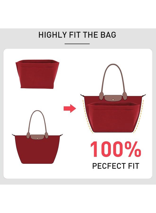 OAikor Purse Organizer Insert Compatible with Longchamp Le Pliage Large and More, Felt Zipper Long Champ Bag Organizer Insert with Cup Holder, 8 Compartments (Wine Red,L) - Image 5