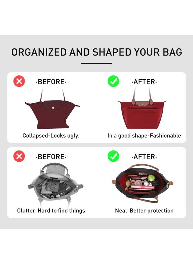 OAikor Purse Organizer Insert Compatible with Longchamp Le Pliage Large and More, Felt Zipper Long Champ Bag Organizer Insert with Cup Holder, 8 Compartments (Wine Red,L) - Image 4